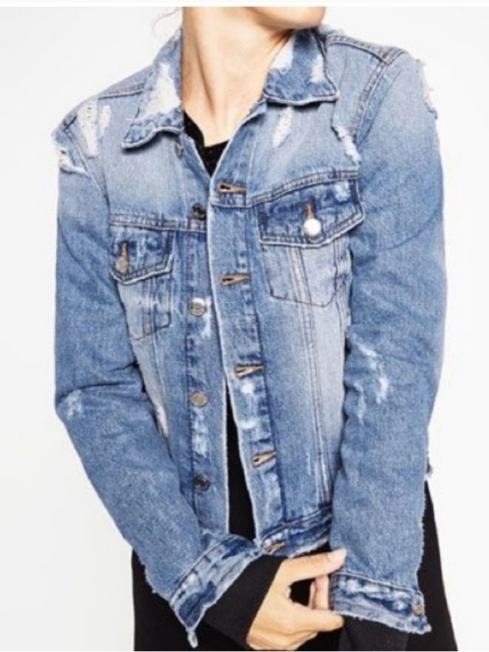 Zara Women Distressed Light Blue Denim Jacket